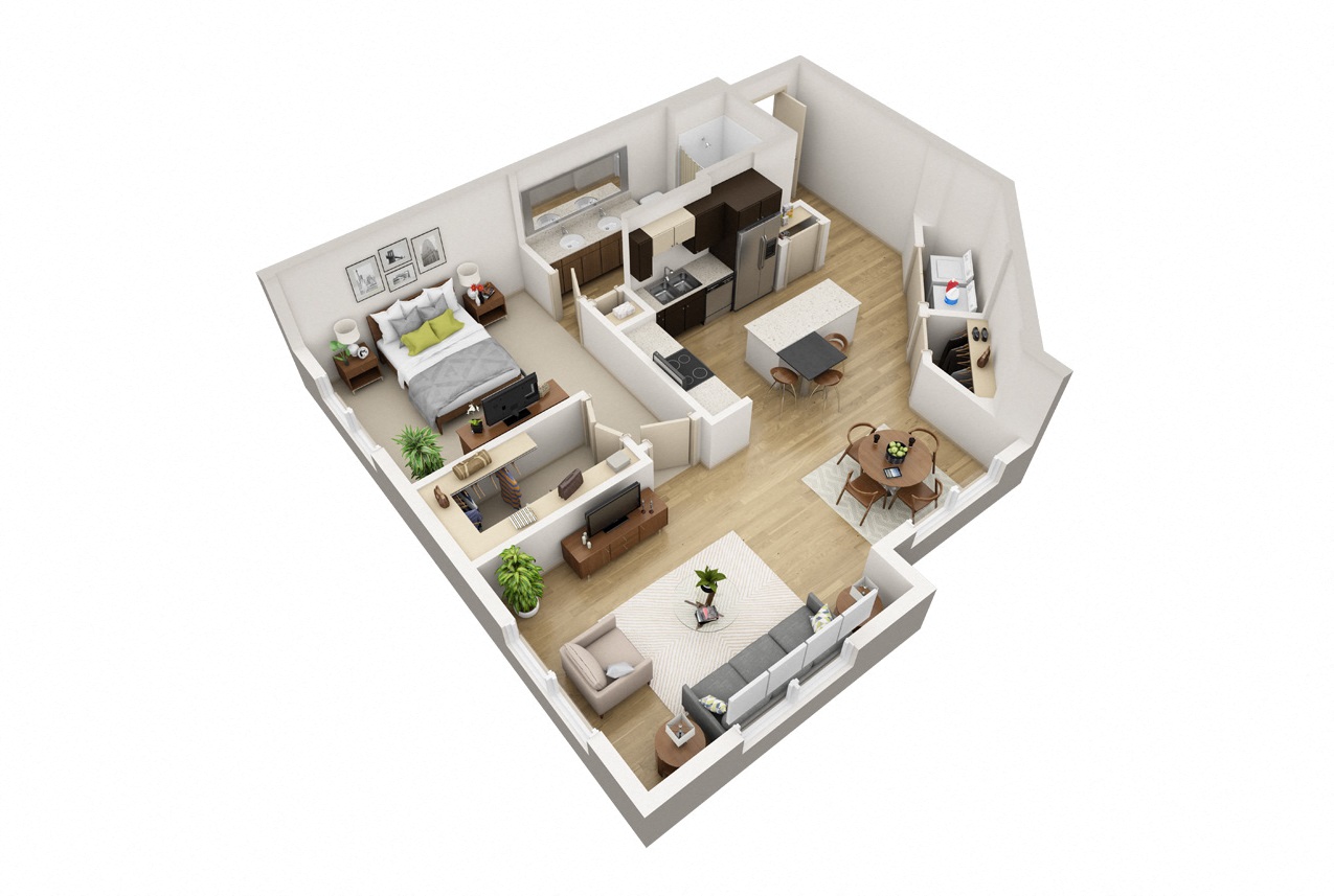 Floor plan for 1 bed, 1 bath, 911 sqft